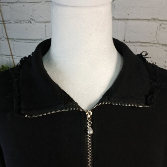 THE VINTAGE SHOP 1/4 ZIP FLEECE PULLOVER COLLARED TOP, BLACK, RUFFLED, SZ LARGE - Picture 6 of 10